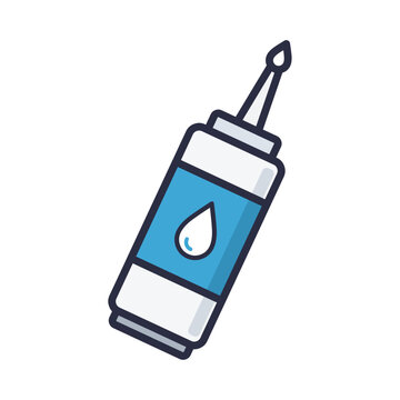Sealant caulk cartridge tube with nozzle tip, blue label and water drop symbol, flat colorful vector icon isolated on white background