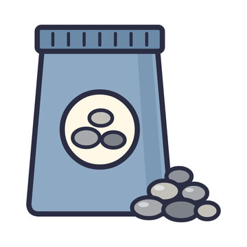 Bag of gravel in blue gray sack with pebble label and a pile of round stones beside it, flat colorful vector icon isolated on white background