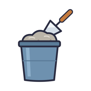 Mortar mix heaped in a blue bucket with a steel brick trowel stuck in it, flat colorful vector icon isolated on white background