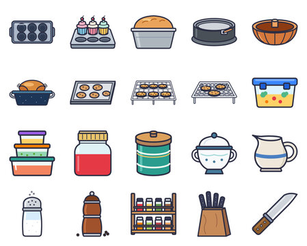 Set of 20 colorful flat vector icons: muffin pan, cupcake pan, loaf pan, springform pan, bundt pan, roasting pan, sheet pan, cooling rack, wire rack and more isolated on white background