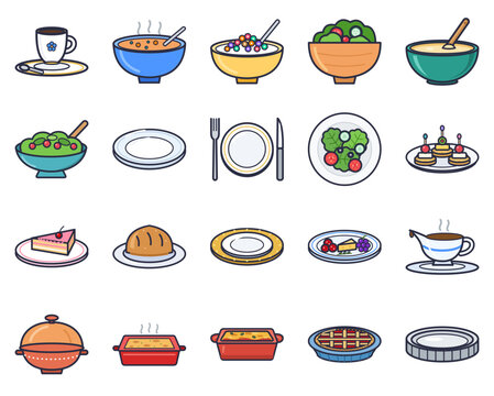Set of 20 colorful flat vector icons: demitasse, soup bowl, cereal bowl, salad bowl, mixing bowl, serving bowl, plate, dinner plate, salad plate, appetizer plate and more isolated on white background