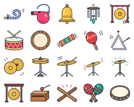Set of 20 colorful flat vector icons: noisemaker, whistle, bell, chime, gong, drum, tambourine and more isolated on white background