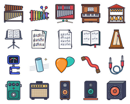 Set of 20 colorful flat vector icons: marimba, xylophone, glockenspiel, piano, carillon, music stand, sheet music and more isolated on white background