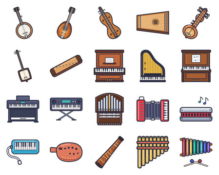 Set of 20 colorful flat vector icons: banjo, mandolin, dulcimer, zither, sitar, shamisen, koto and more isolated on white background