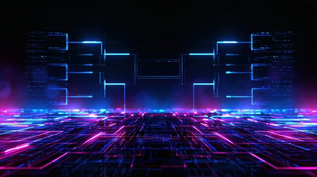 Futuristic glowing esports tournament bracket stage with neon lights