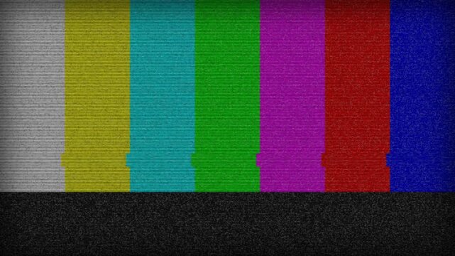 Retro television color bars test pattern with digital static noise and analog scan lines displaying broadcast signal interference
