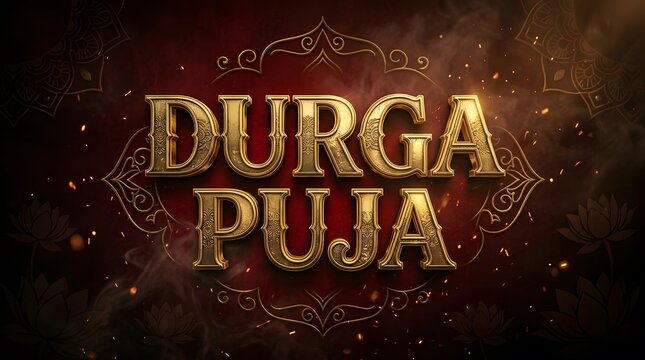 Durga puja festive banner with golden 3d text framed by traditional mandal and lotus flowers