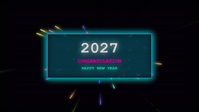 Retro futuristic digital display celebrating the year 2027 with neon light streaks and scanlines in dark space