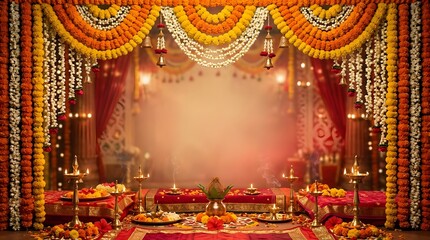 Obraz na płótnie Canvas Traditional indian festive background with marigold flowers, oil lamps, and warm glowing light for celebration