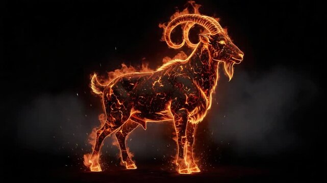 Fiery ram rendered in glowing embers against a dark smoky background. Aries zodiac symbol. Astrology, horoscope and celestial mythology concept. Dramatic fantasy illustration.