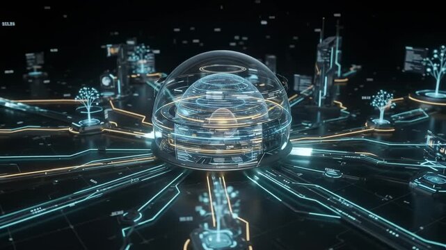Abstract Futuristic Dome Structure with Neon Network in a Connected City Setting