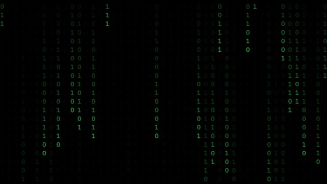 Green binary code falling vertically on a dark digital background screen