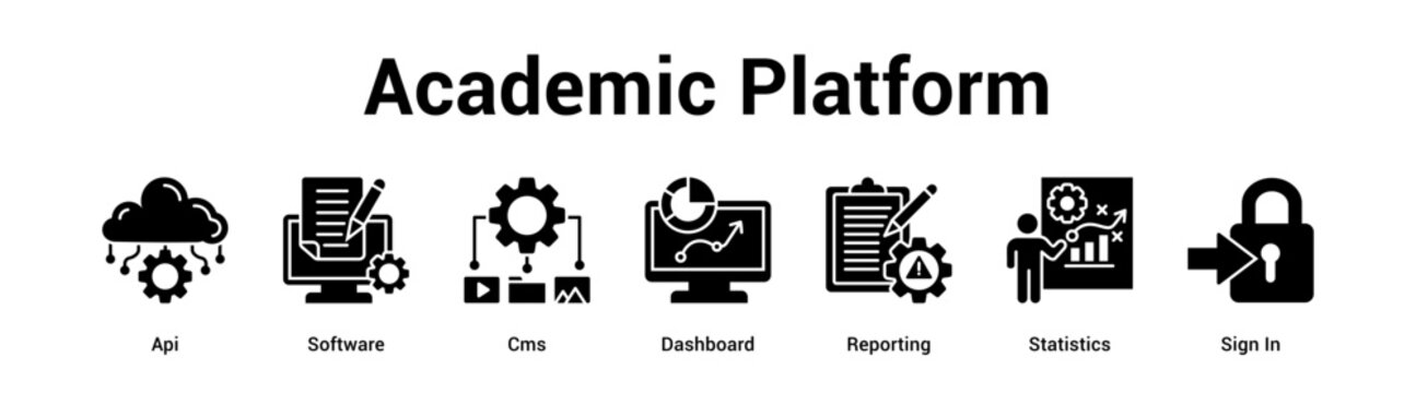 Academic Platform web banner icon vector illustration concept for business with icon of Api, Software, Cms, Dashboard, Reporting, Statistics.