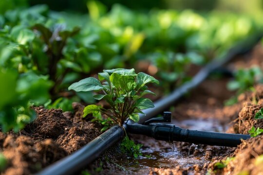 Drip irrigation line watering young green plants in a calm natural setting