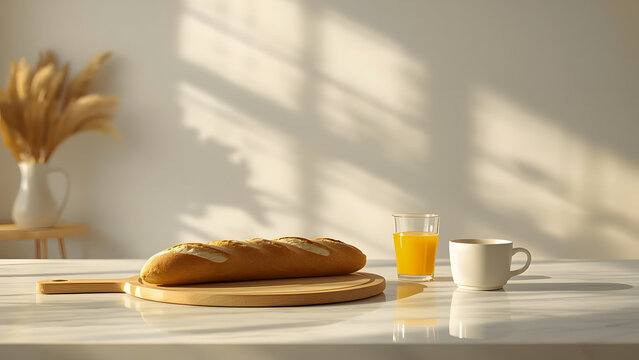 French Baguette Bread and Orange Juice with Sunlight Shadow on Table