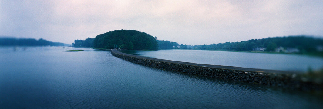 Panoramic view of scenic walkway leading to the historic Wiggly Bridge in York, widely known as one of the smallest suspension bridges in the world, York, Maine, New England, United States