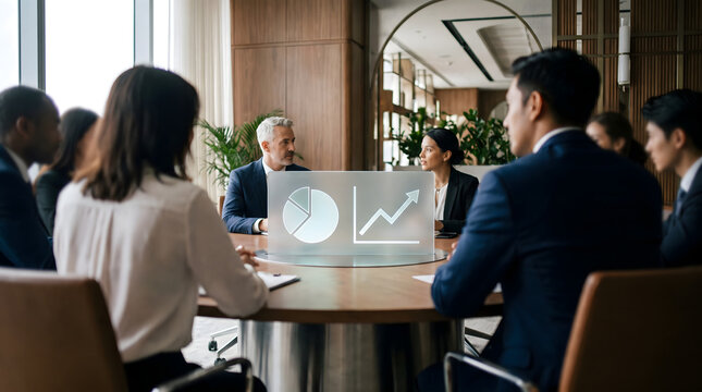 Shallow depth shot of professionals reviewing charts around round table