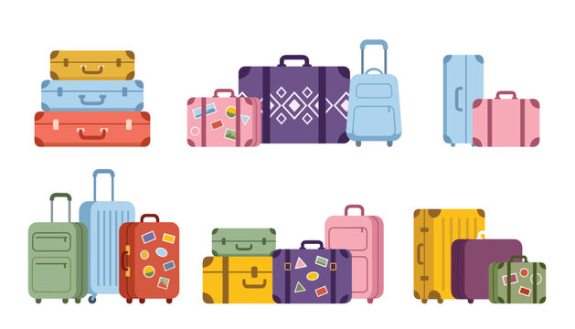 &bull; Travel luggage suitcase sticker pack vector element collection with stacked colorful baggage groups journey travel cases and stickers