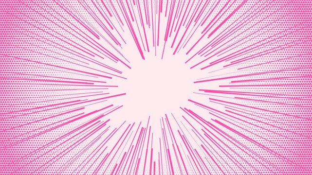 Seamless loop of comic book style radial speed lines with halftone dot patterns on a light pink background.