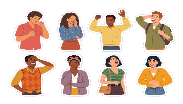  Happy diverse people laughing sticker pack vector illustration collection with cheerful characters expressing positive emotions and joy