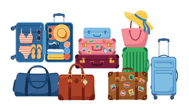 Travel luggage and baggage sticker pack vector element collection with suitcases duffel bag leather briefcase and open suitcase