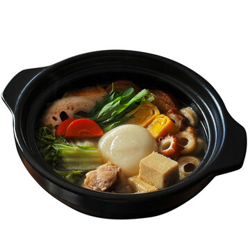 具雑煮 1杯の切り抜き。高野豆腐や鶏肉を入れた長崎県島原地方の伝統的な郷土料理・お正月フード素材 俯瞰
