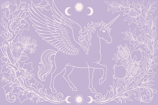 Mystical winged unicorn surrounded by intricate floral ornaments and crescent moons, delicate white line art on a soft lavender background, elegant fantasy illustration for decorative patterns and tex