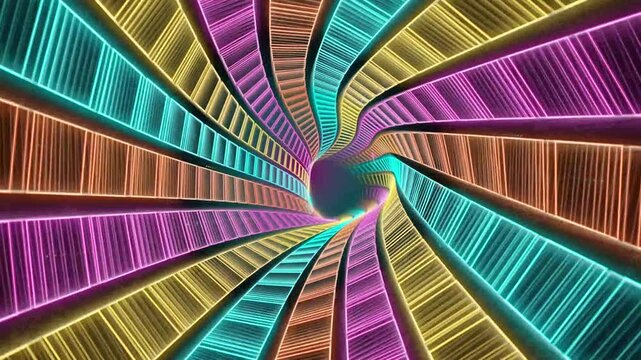 Neon square tunnel abstract background, hypnotic glowing geometric motion loop, futuristic digital corridor animation in vibrant rainbow colors