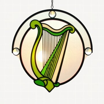 Stained glass panel with a green harp design