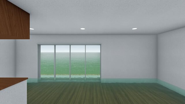 津波や洪水で浸水した住宅の室内｜水害を表現した3DCGアニメーション