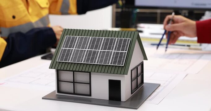 Small house model with rooftop solar panels on architectural plans as engineers review drawings at a desk, sustainable home design and renewable energy planning.