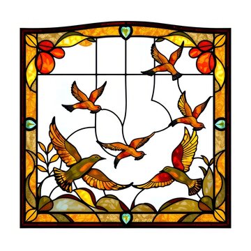 Stained glass window with flying birds