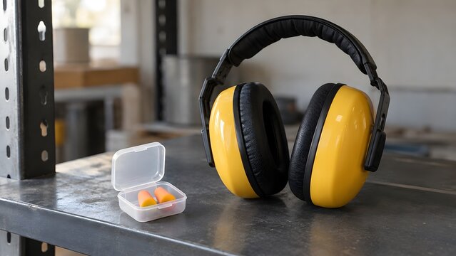 Protective earmuffs and foam earplugs on a workshop shelf