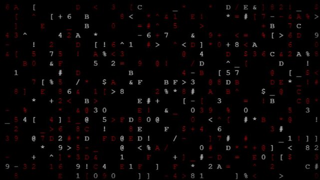 Red and white digital code scrolling on a black computer screen background