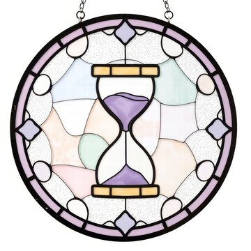 Stained glass panel with hourglass and purple sand
