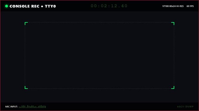 Retro computer terminal recording screen with console interface overlay