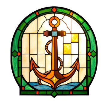 Stained glass window with anchor and sea illustration