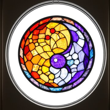 Stained glass yin yang symbol in warm and cool colors