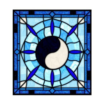 Blue stained glass window with yin yang symbol