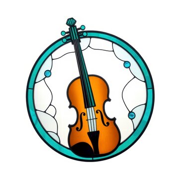 Stained glass violin in round turquoise frame