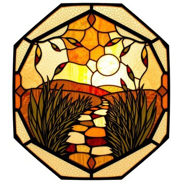Stained glass window with sunrise path landscape