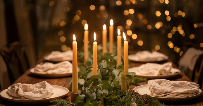 Romantic festive dinner table decorated with burning taper candles and eucalyptus garland at night