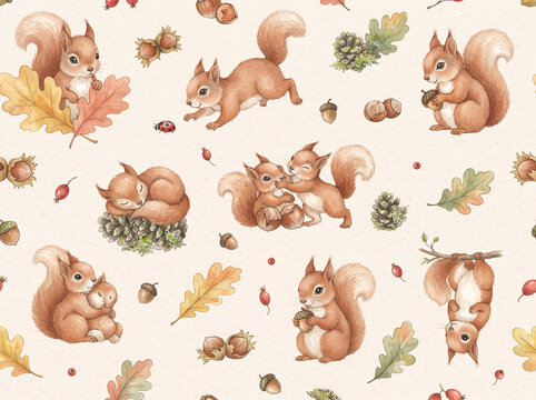 Seamless Watercolor Pattern of Baby Red Squirrel Kits and Woodland Hazelnuts
