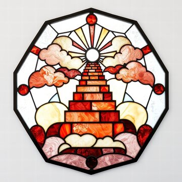 Stained glass window depicting stairway to heaven and sun rays