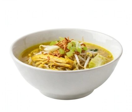 Indonesian chicken soto soup isolated on white background 