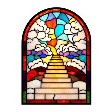 Stained glass window with stairway to heaven and clouds