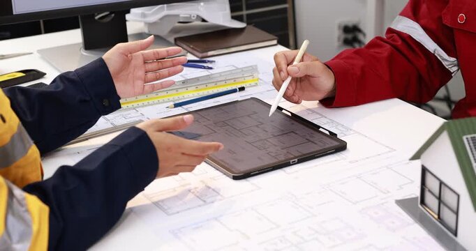 Construction engineers review building plans on a tablet at a desk, discussing measurements and technical drawings in an office.