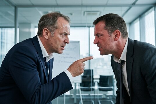 workplace conflict, leadership clash and boardroom stress concept photo - Two angry  businessmen in suits engaged in a heated argument inside a modern corporate conference room 