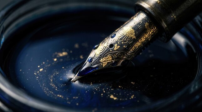 Close-up of a vintage fountain pen nib dipping into dark blue ink.