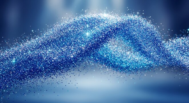 Abstract Blue Glitter Wave with Sparkling Particles.
